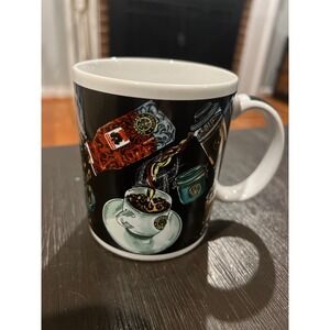 Vtg Starbucks Black Mug Coffee Themed Espresso Machine Beans Cups Old Siren Logo